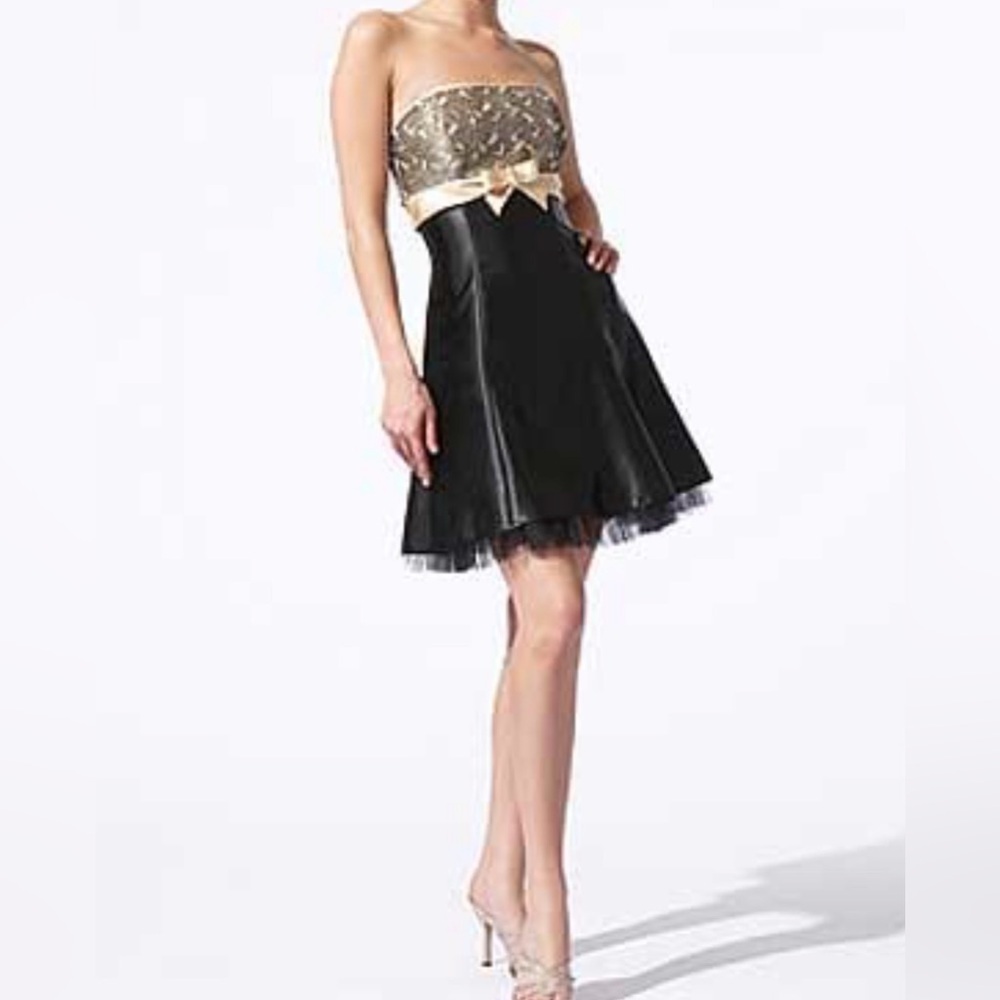 Jessica McClintock Gunne Sax Junior Short Formal Dress Black & Gold Bow size 3